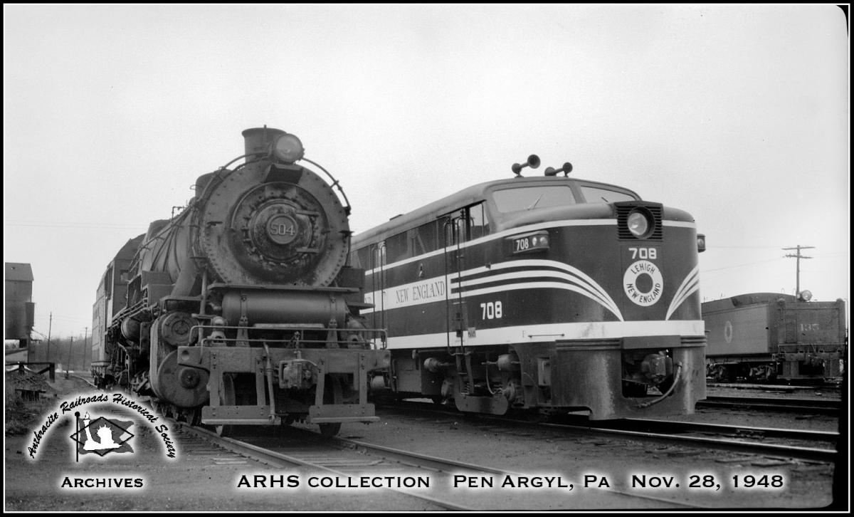 Lehigh and New England PRR 2-8-2 504 at Pen Argyl, PA - ARHS Digital Archive